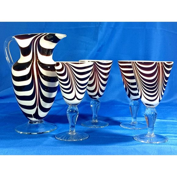 Murano Other - Amici Murano Art Glass Purple White Swirl Zebra Optic  Pitcher Goblets 4 Glasses